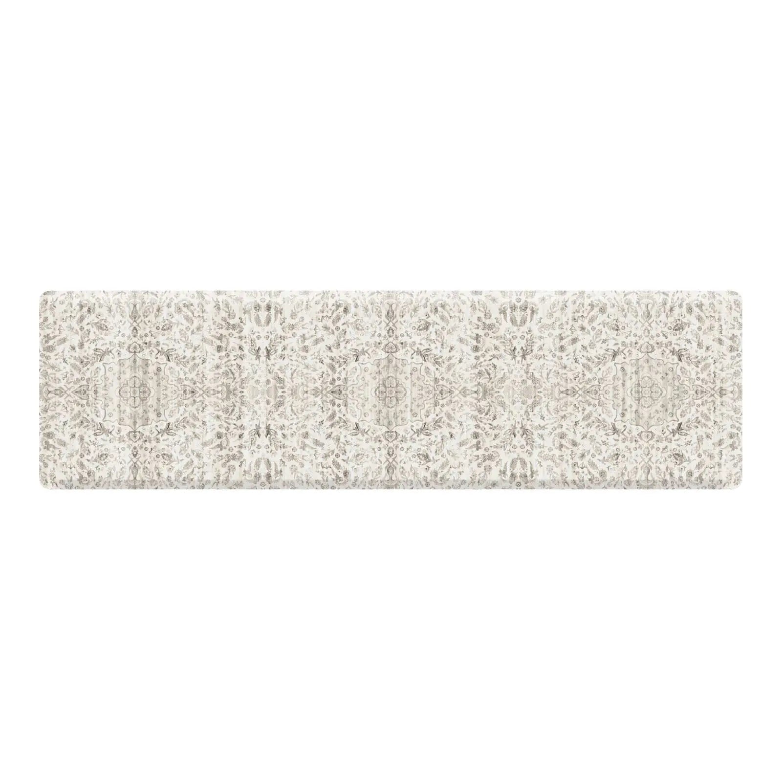 Emile latte neutral floral boho kitchen mat shown in size 30x108