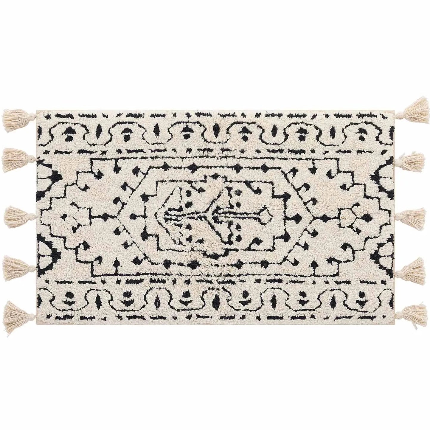 Arden noir black and white persian rug pattern bath mat in size 21x34