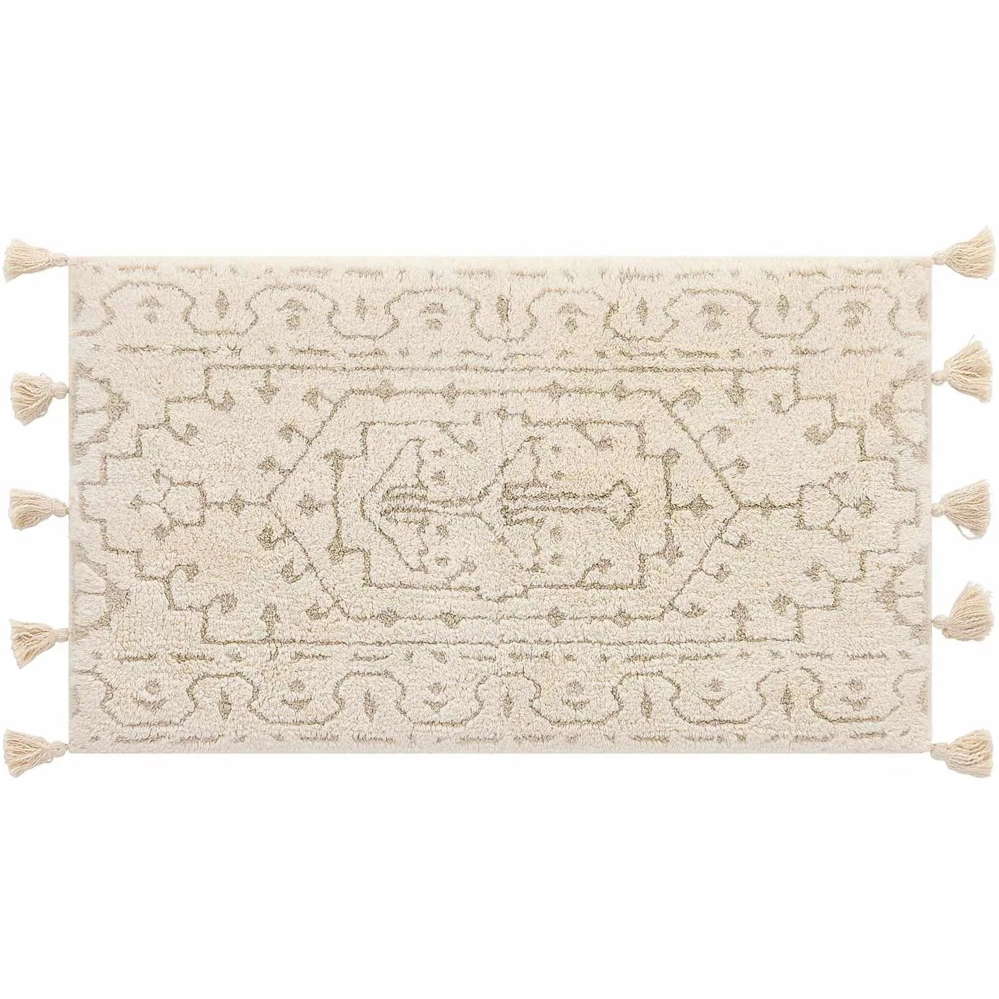 Arden pearl cream and white persian rug pattern bath mat shown in size 21x34