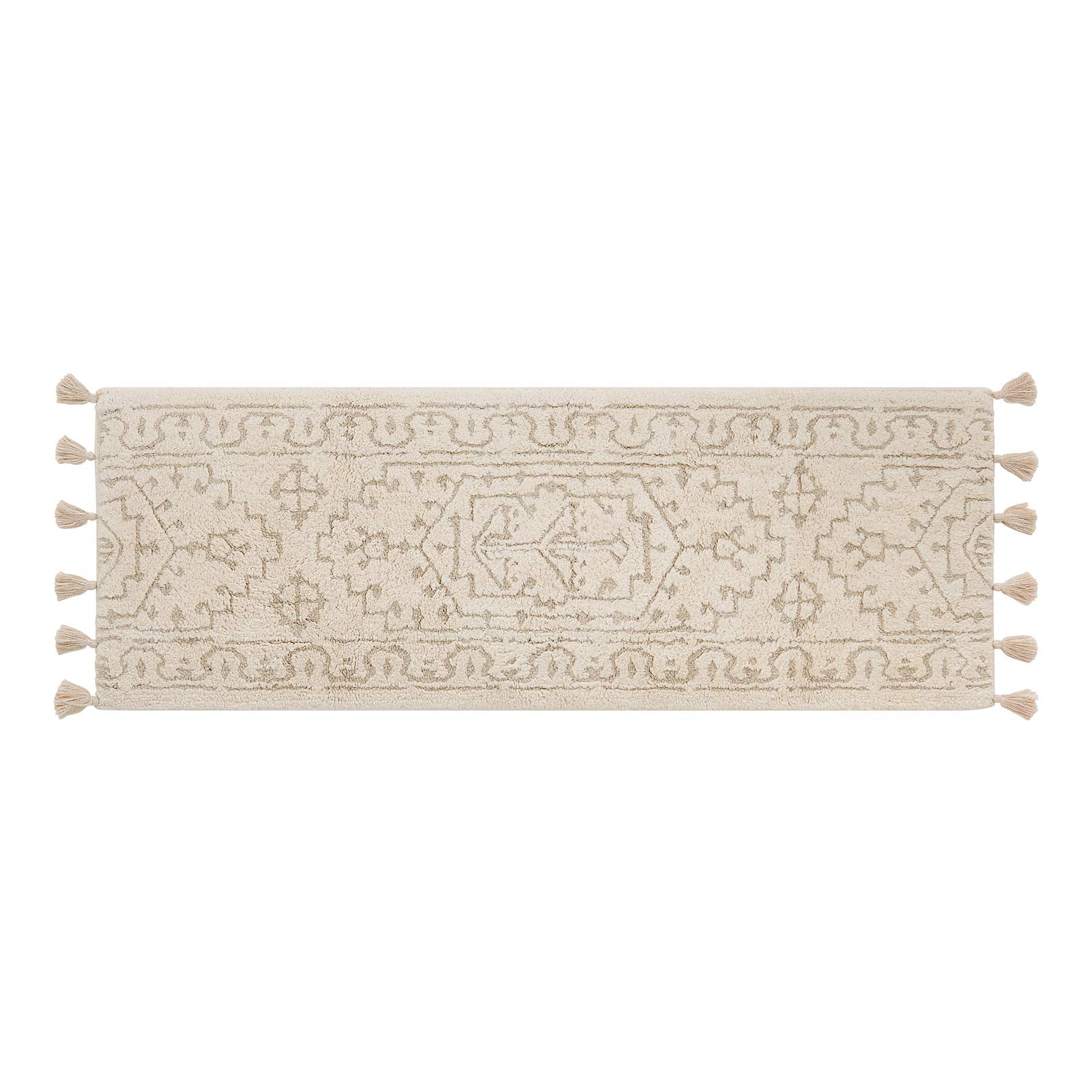 Arden pearl cream and white persian print bath mat shown in size 24x65