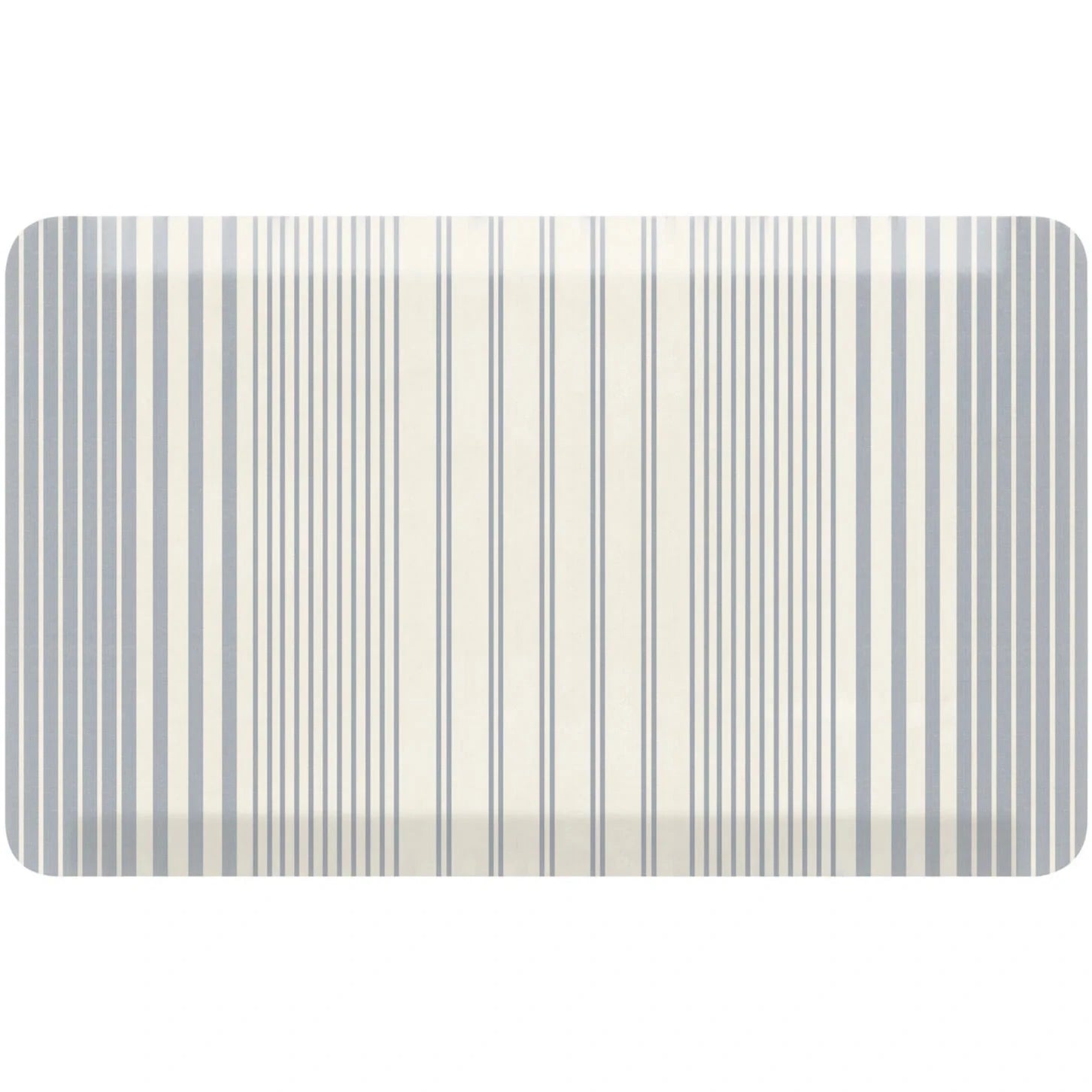 Blue and white minimal stripe kitchen mat shown in size 22x36