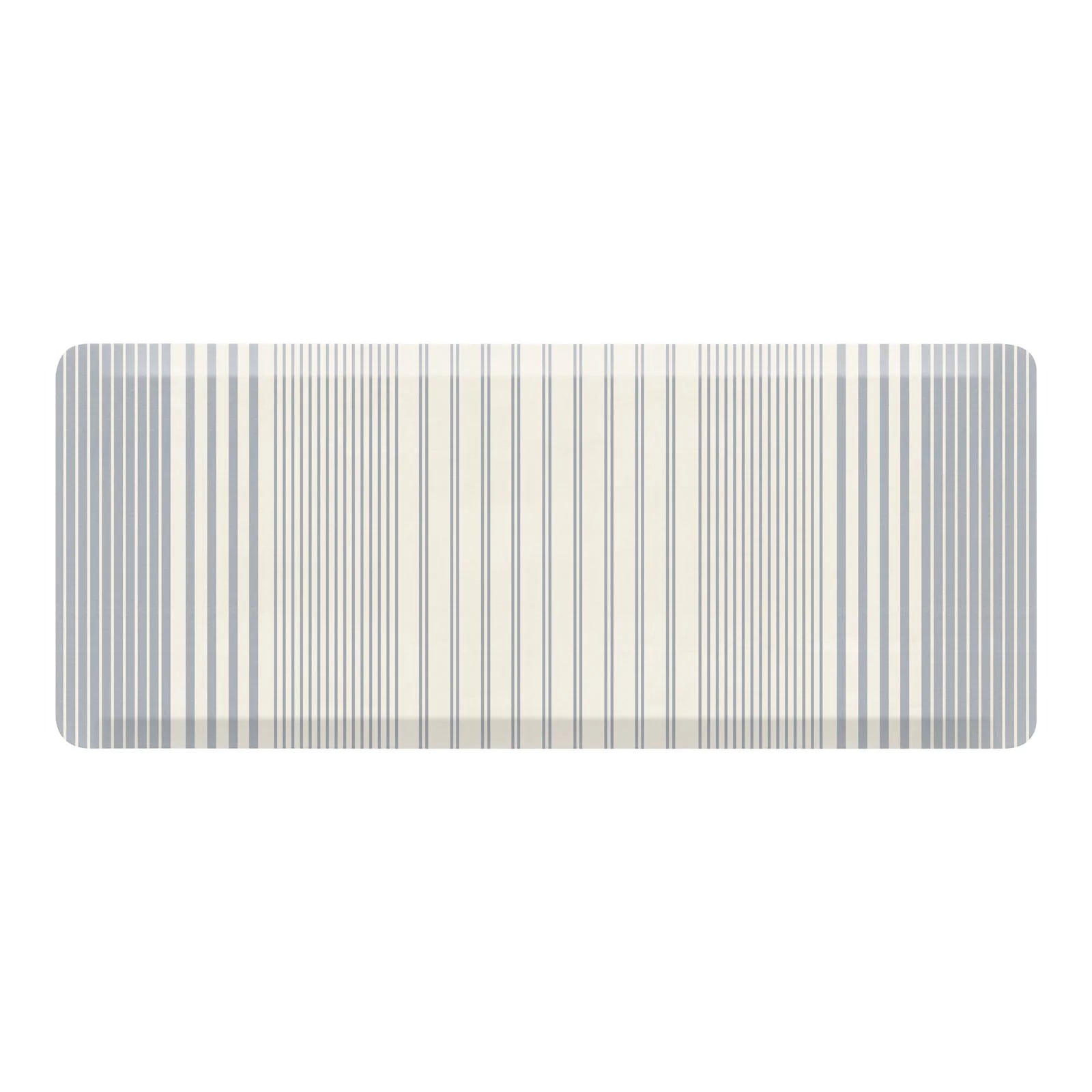 Blue and white minimal stripe kitchen mat shown in size 22x54