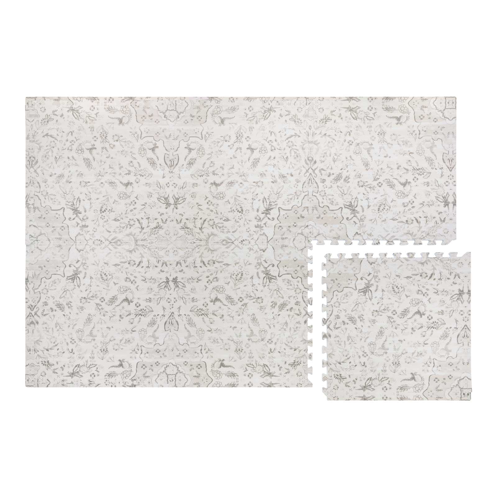 Emile Latte neutral floral little nomad play mat shown in size 4x6 with 1 tile exposed