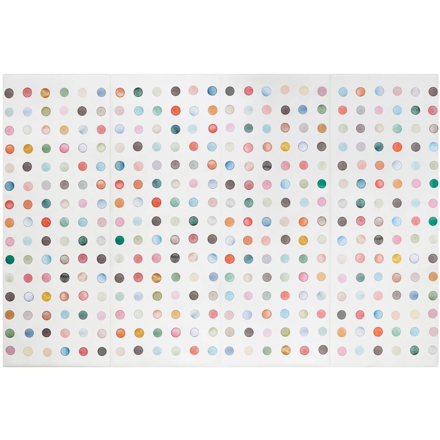 Overhead image of the Dottie gloria multi color watercolor polkadot print tumbling mat shown in size 4x6