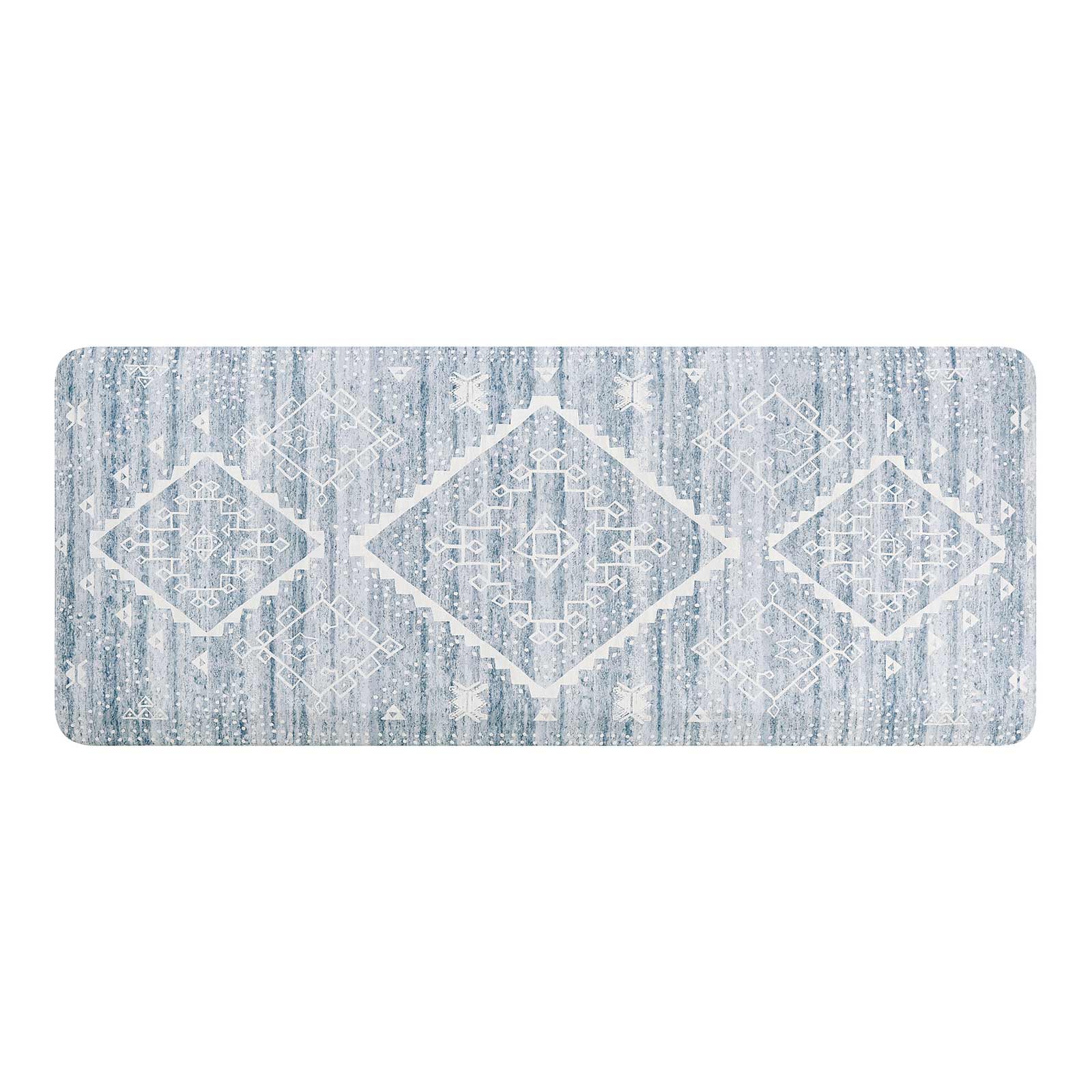 Ula blue and white boho print standing mat shown in size 22x54