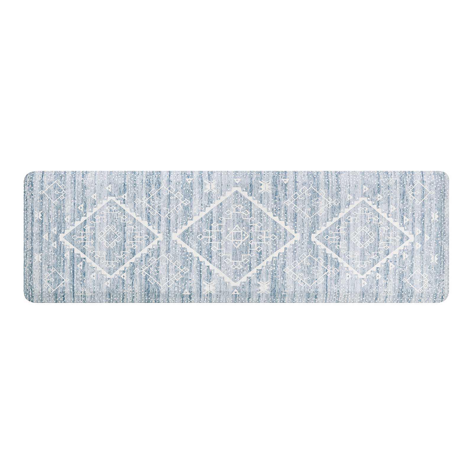 Ula blue and white boho print standing mat shown in size 22x72