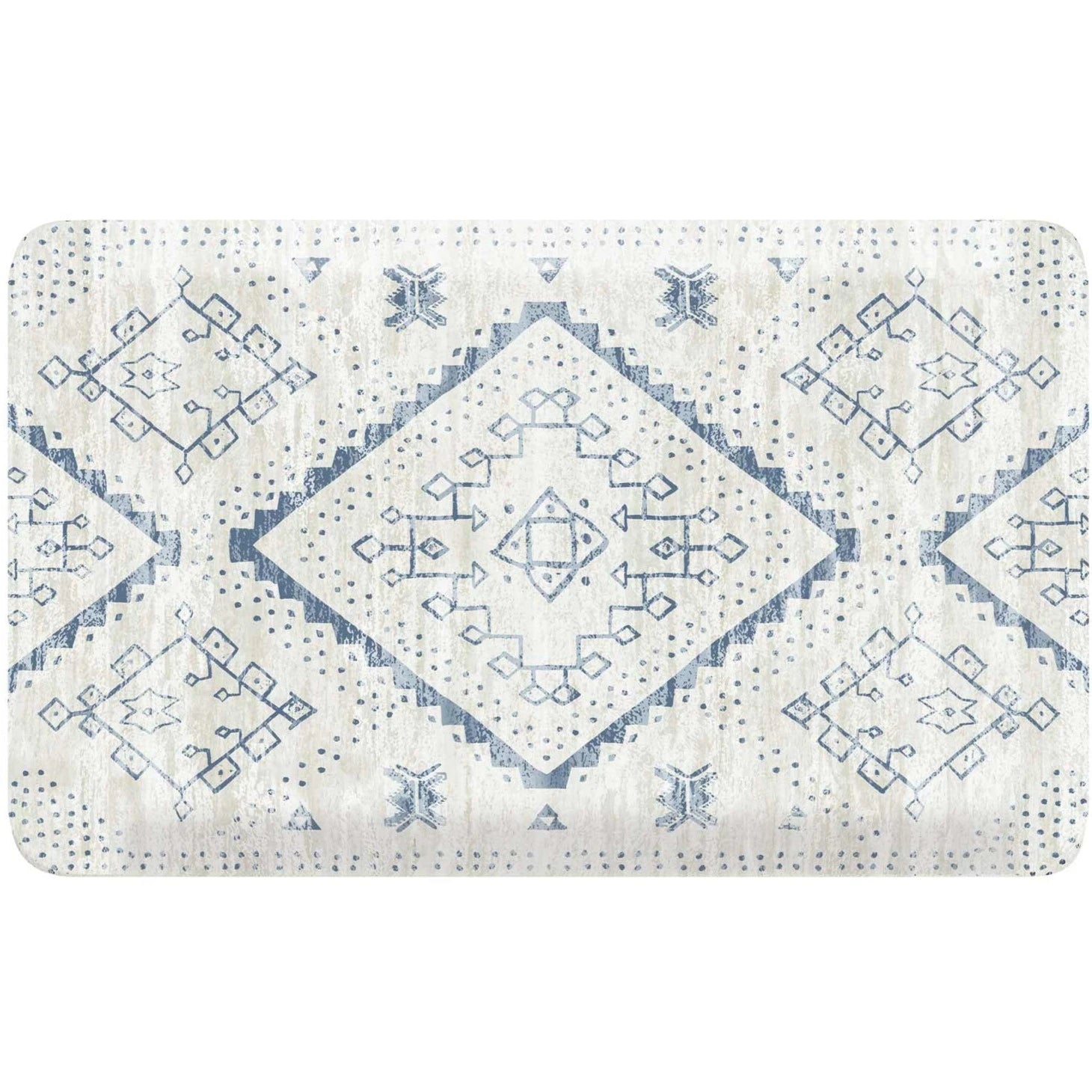 Ula Windmill blue and white boho print standing mat shown in size 22x36