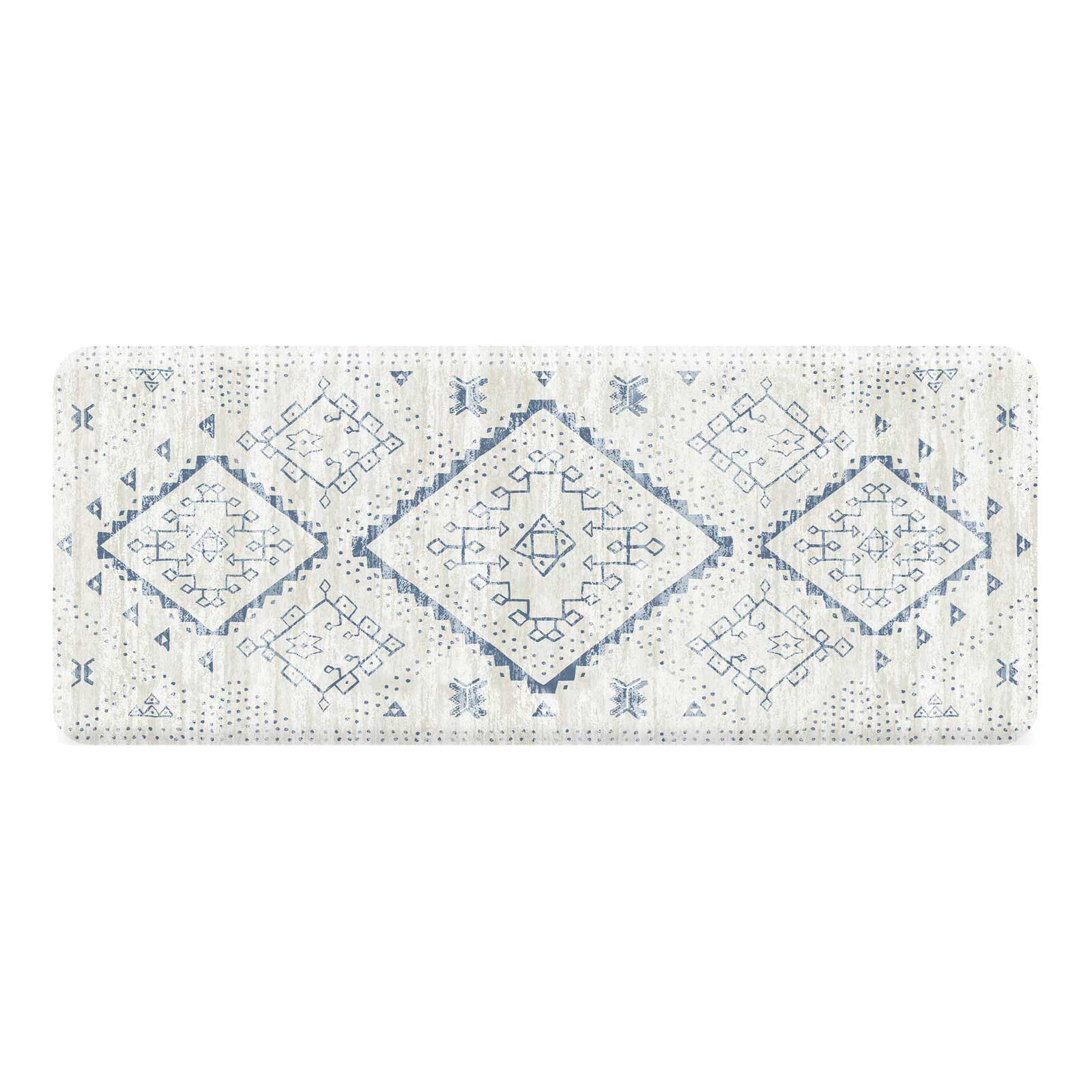 Ula Windmill blue and white boho print standing mat shown in size 22x54