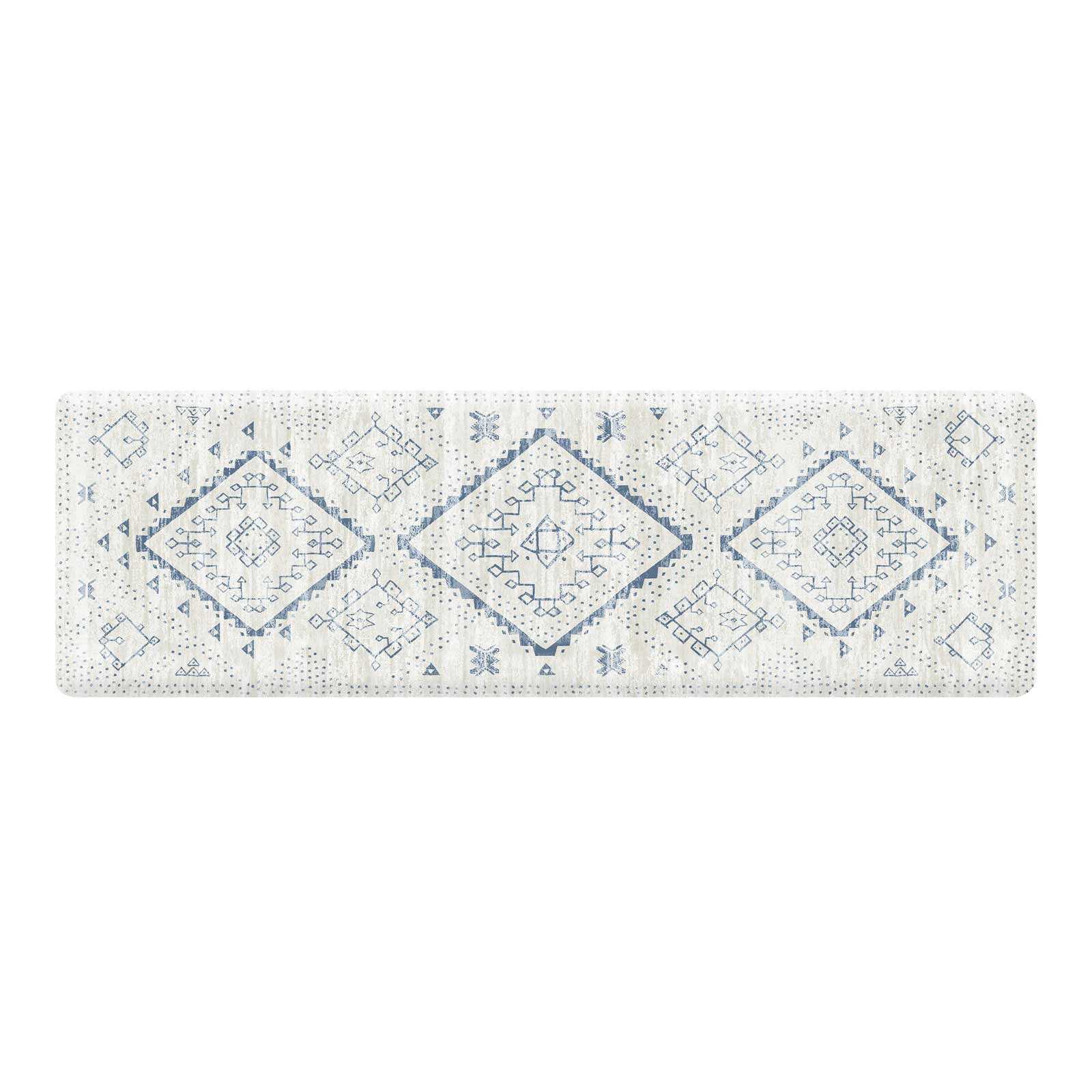 Ula Windmill blue and white boho print standing mat shown in size 22x72