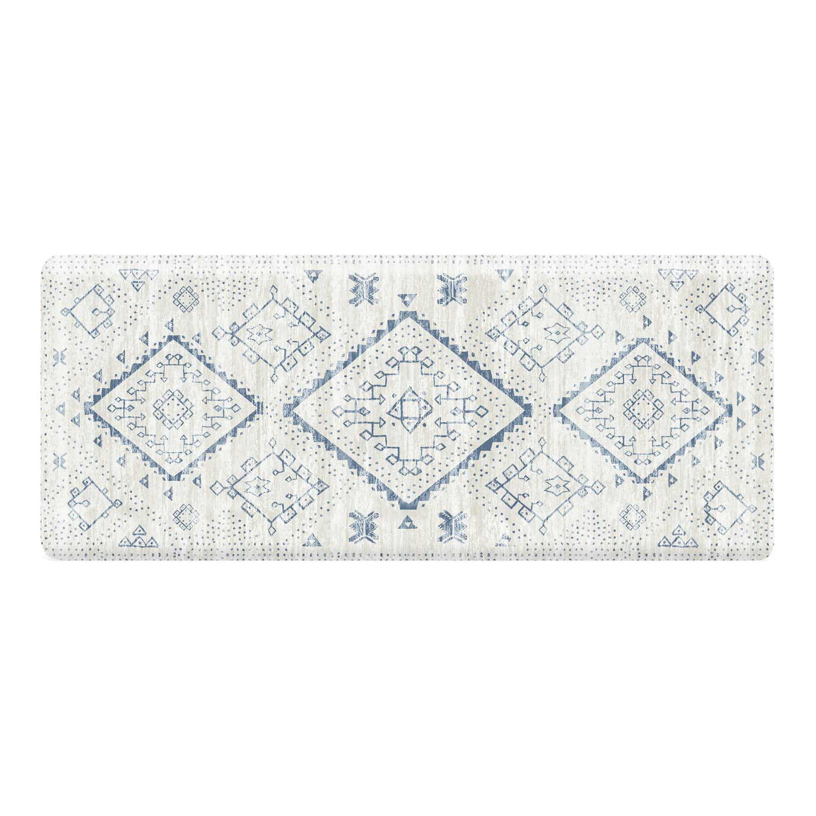 Ula Windmill blue and white boho print standing mat shown in size 30x72