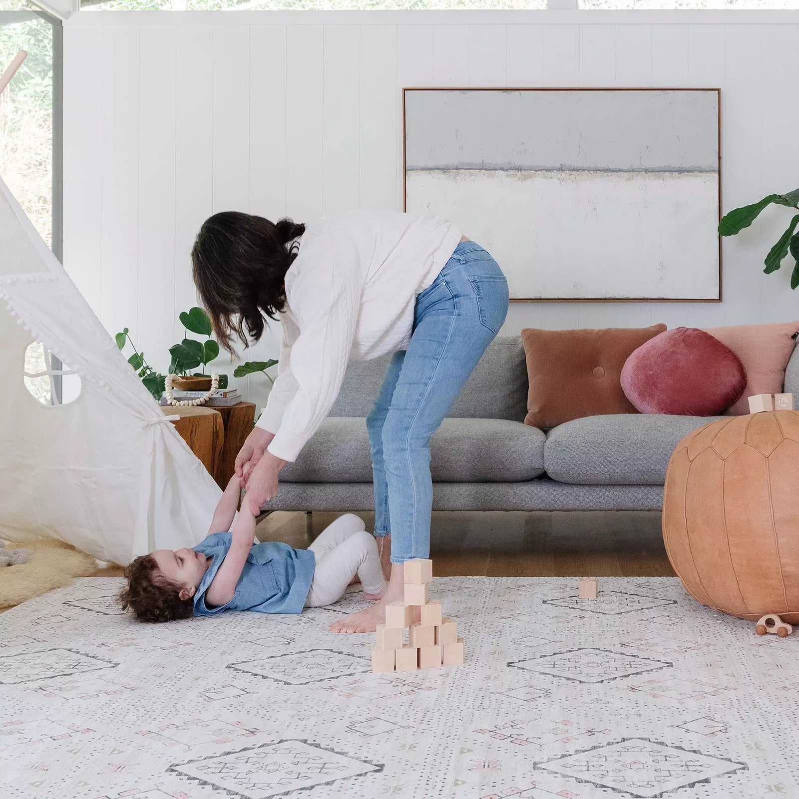 Oat Neutral Beige Minimal Boho Pattern play mat in living room with mom and baby playing